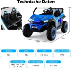 2 Sitzer Kinderauto mit 2,4G Fernbedienung 12V Kinder UTV mit Musik und Scheinwerfer 118 x 74 x 71 cm