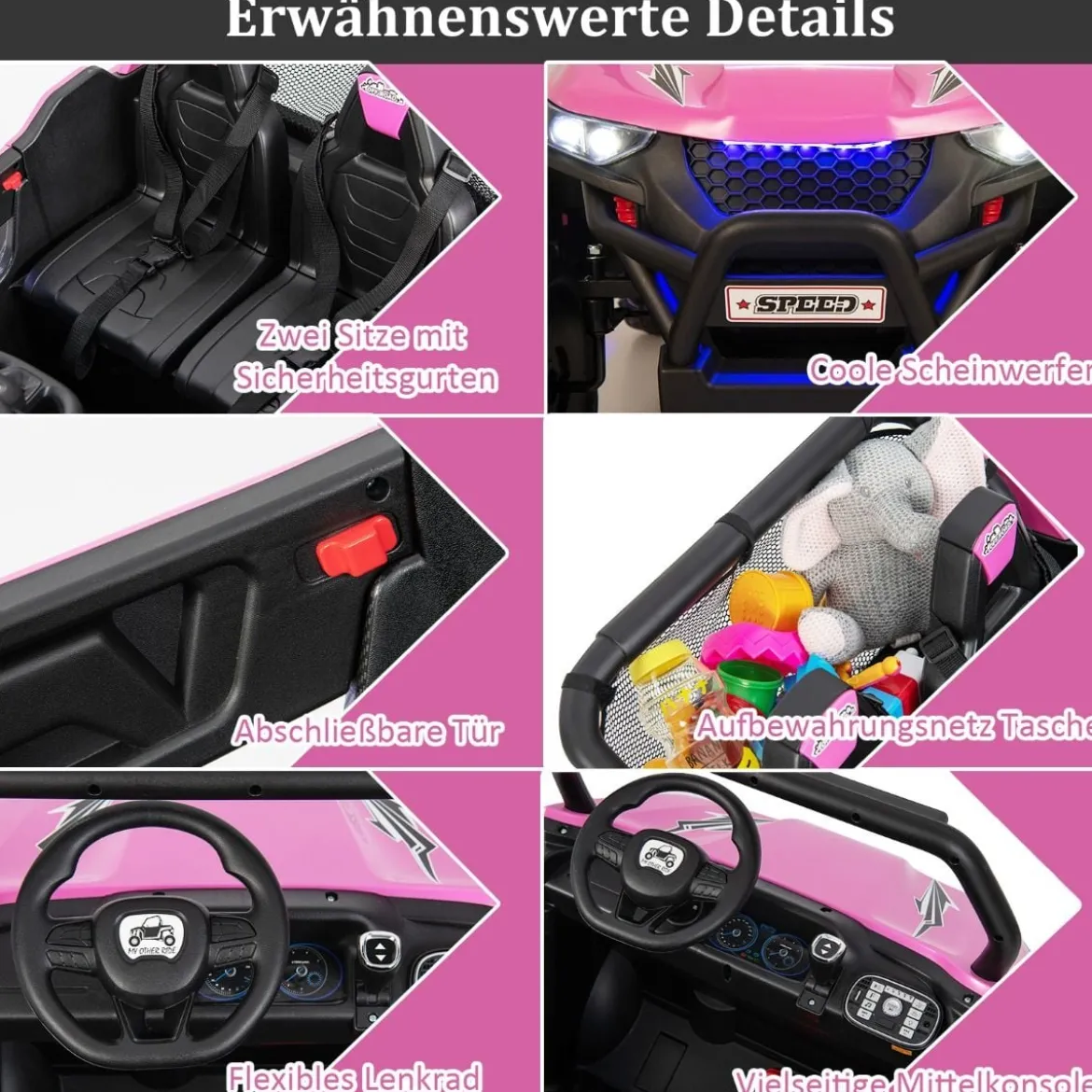 2 Sitzer Kinderauto mit 2,4G Fernbedienung 12V Kinder UTV mit Musik und Scheinwerfer 118 x 74 x 71 cm