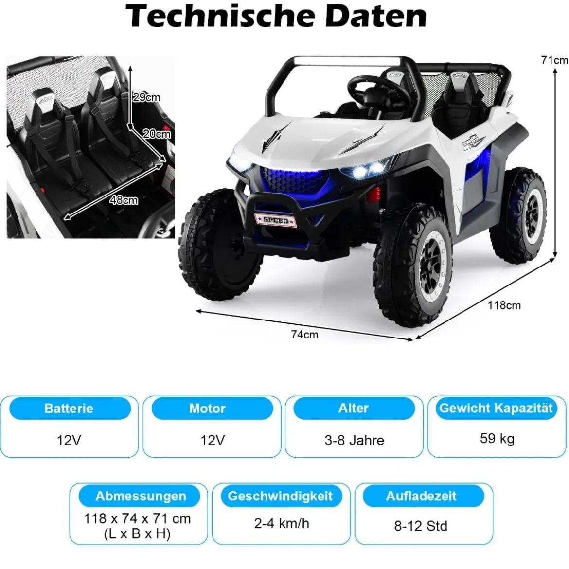 2 Sitzer Kinderauto mit 2,4G Fernbedienung 12V Kinder UTV mit Musik und Scheinwerfer 118 x 74 x 71 cm