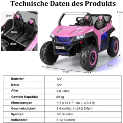2 Sitzer Kinderauto mit 2,4G Fernbedienung 12V Kinder UTV mit Musik und Scheinwerfer 118 x 74 x 71 cm