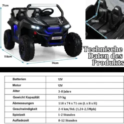 2 Sitzer Kinderauto mit 2,4G Fernbedienung 12V Kinder UTV mit Musik und Scheinwerfer 118 x 74 x 71 cm