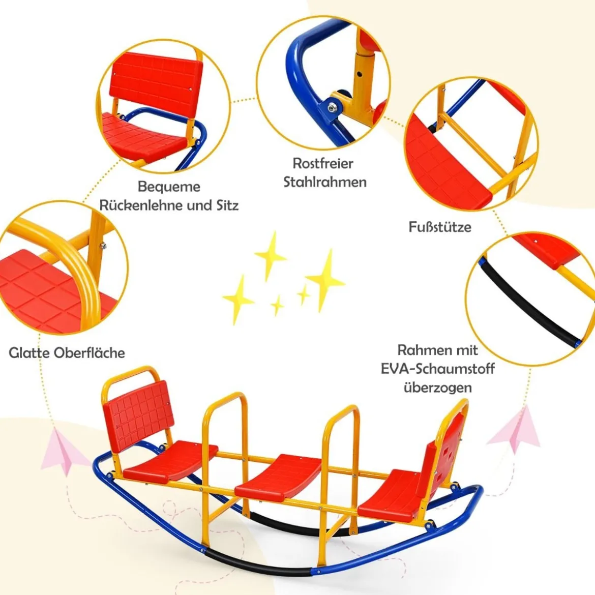 3 Sitzer Schaukelwippe Kinderwippe mit Griffen belastbar Kinderwippe Metall 136 x 39 x 60 cm Bunt