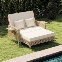 2-Sitzer-Schlafsofa Tagesbett mit Stauraum-Ottomane verstellbare Rückenlehne Beige