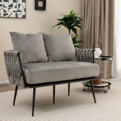 2-Sitzer Sofa aus Samt kleine Couch mit 2 Rückenkissen 109 x 61 x 65 cm Grau