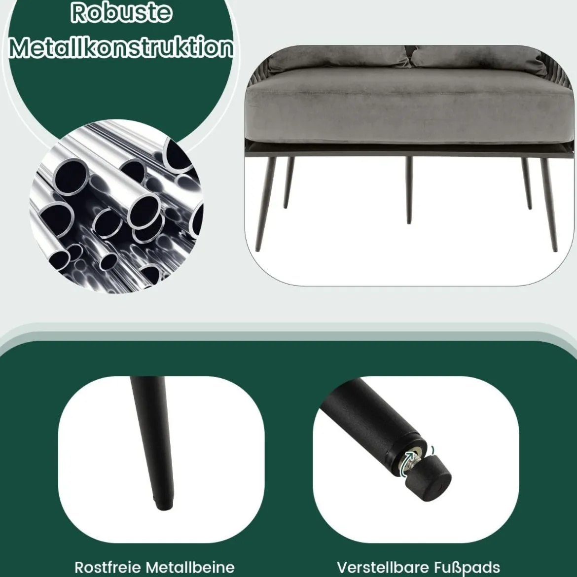 2-Sitzer Sofa aus Samt kleine Couch mit 2 Rückenkissen 109 x 61 x 65 cm Grau