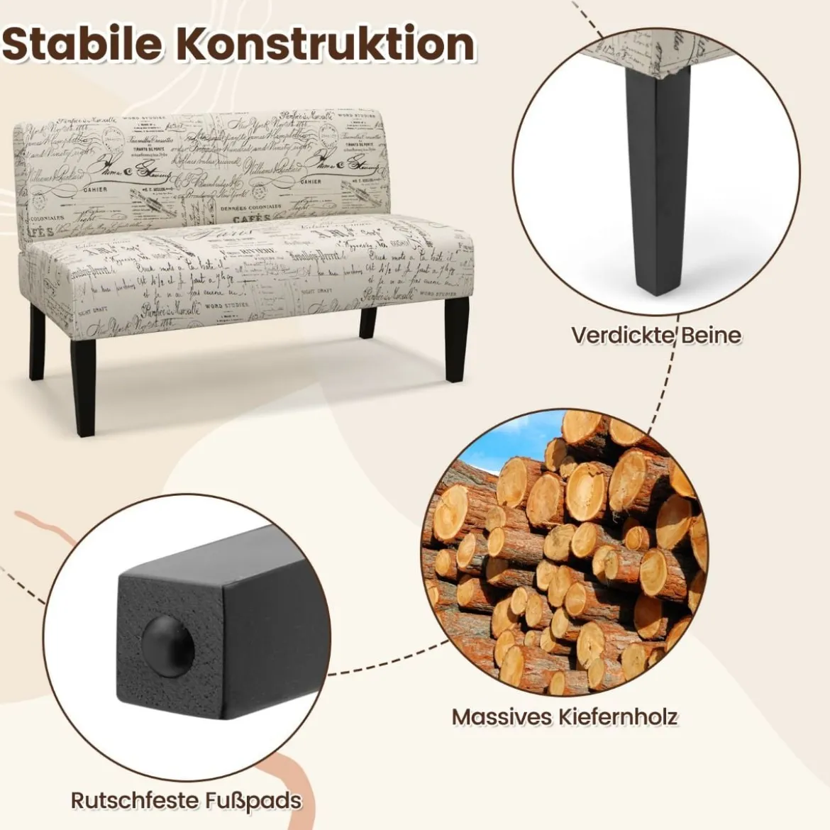 2-Sitzer Stoffsofa klein Couch mit Holzbeine Loungesofa gepolstertes Doppelsofa Sitzmöbel 121 x 66 x 78 cm Beige