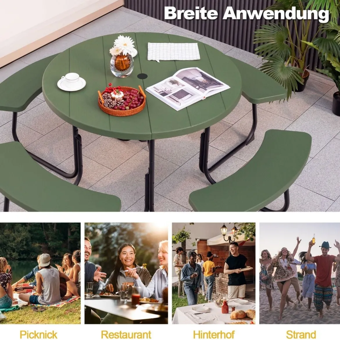 Sitzgarnitur für 8 Personen Picknicktisch aus HDPE mit Schirmloch & 4 Bänken Wetterfester Tisch