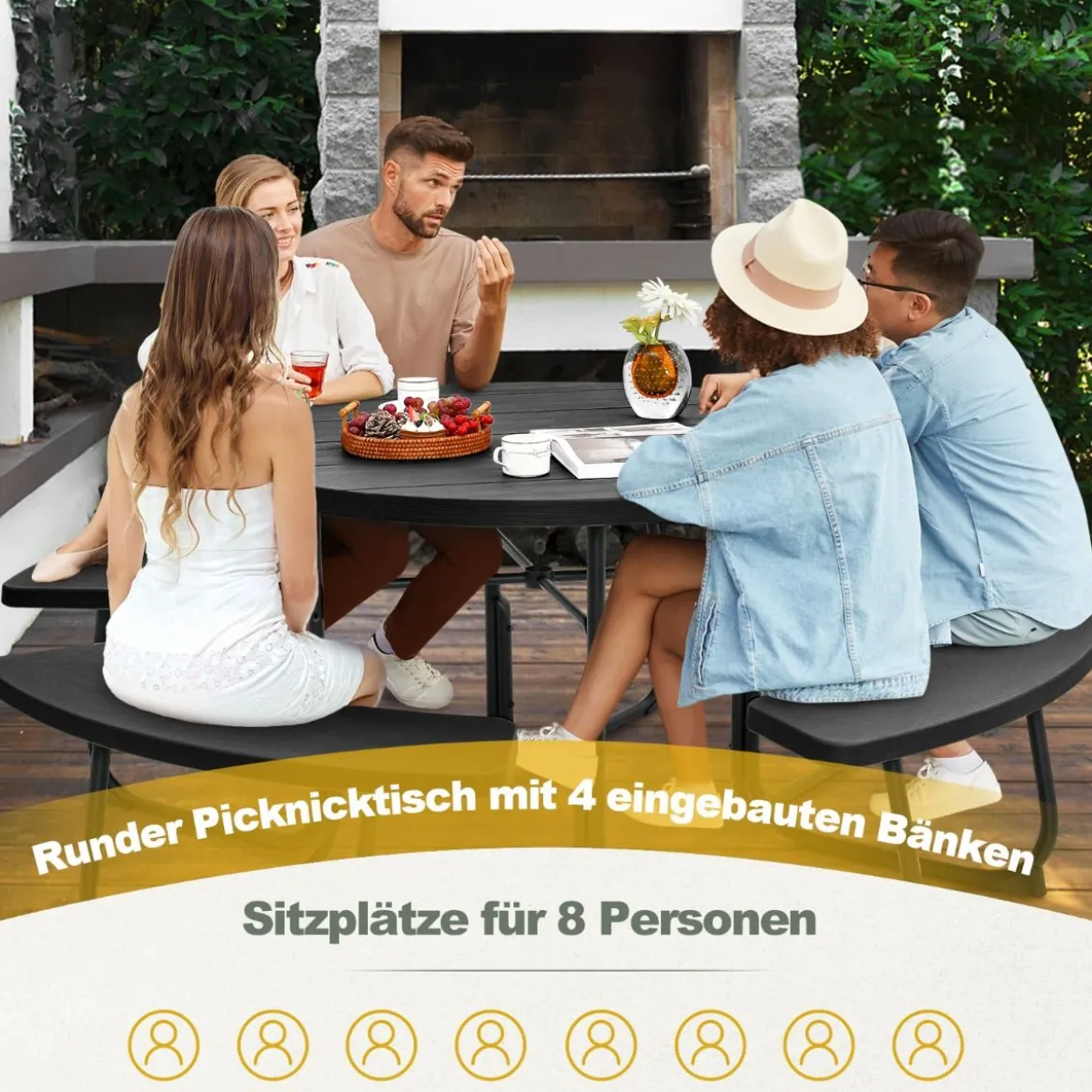 Sitzgarnitur für 8 Personen Picknicktisch aus HDPE mit Schirmloch & 4 Bänken Wetterfester Tisch