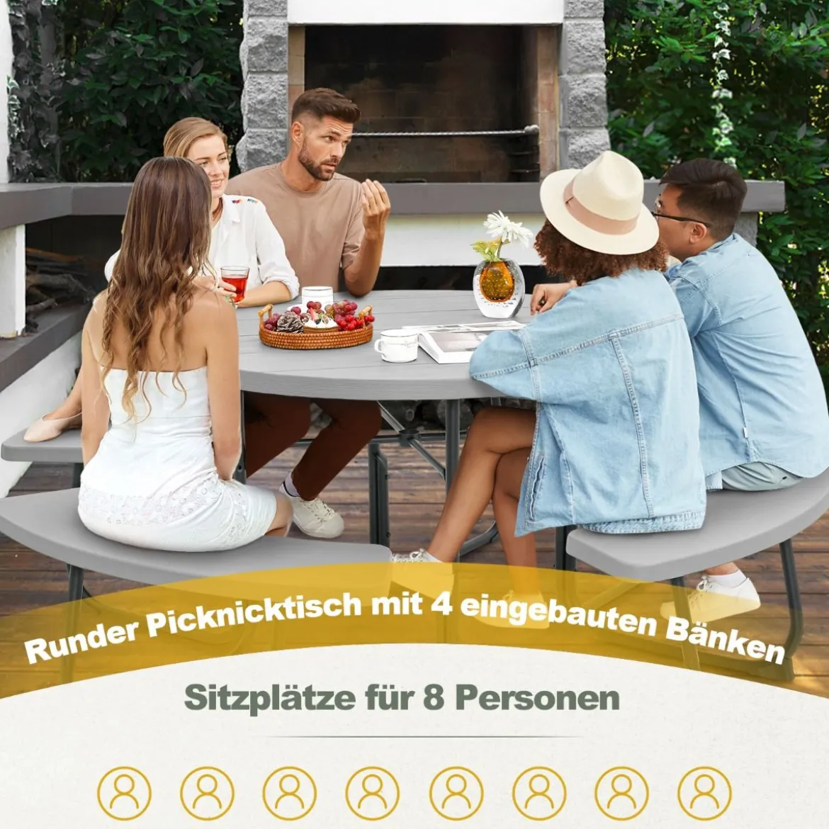 Sitzgarnitur für 8 Personen Picknicktisch aus HDPE mit Schirmloch & 4 Bänken Wetterfester Tisch