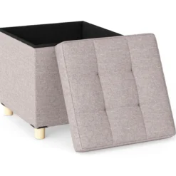 Sitzhocker mit Stauraum Fußhocker aus Leinenstoff mit gepolstertem Deckel & Gummibaumholzbeinen Aufbewahrungsbox für Wohnzimmer 45 x 45 x 45 cm Beige
