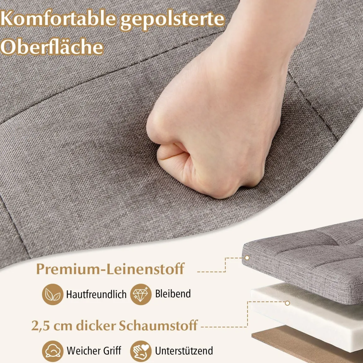 Sitzhocker mit Stauraum Fußhocker aus Leinenstoff mit gepolstertem Deckel & Gummibaumholzbeinen Aufbewahrungsbox für Wohnzimmer 45 x 45 x 45 cm Beige