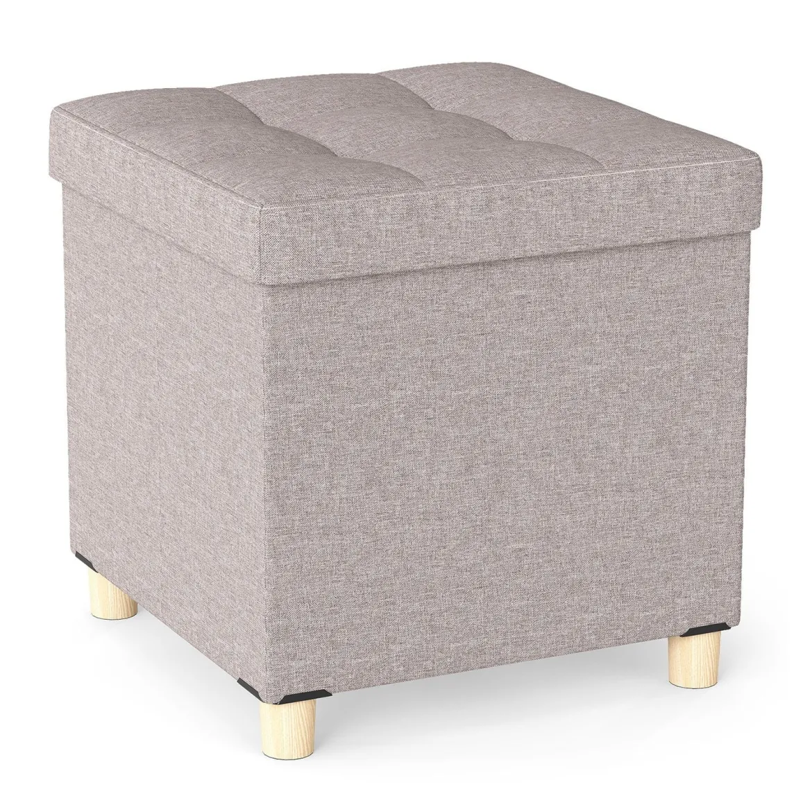 Sitzhocker mit Stauraum Fußhocker aus Leinenstoff mit gepolstertem Deckel & Gummibaumholzbeinen Aufbewahrungsbox für Wohnzimmer 45 x 45 x 45 cm Beige