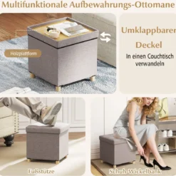 Sitzhocker mit Stauraum Fußhocker aus Leinenstoff mit gepolstertem Deckel & Gummibaumholzbeinen Aufbewahrungsbox für Wohnzimmer 45 x 45 x 45 cm Beige