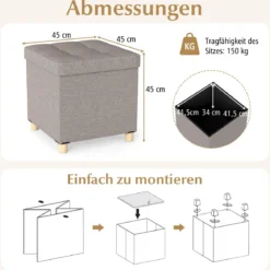 Sitzhocker mit Stauraum Fußhocker aus Leinenstoff mit gepolstertem Deckel & Gummibaumholzbeinen Aufbewahrungsbox für Wohnzimmer 45 x 45 x 45 cm Grau