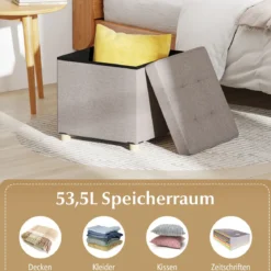 Sitzhocker mit Stauraum Fußhocker aus Leinenstoff mit gepolstertem Deckel & Gummibaumholzbeinen Aufbewahrungsbox für Wohnzimmer 45 x 45 x 45 cm Grau
