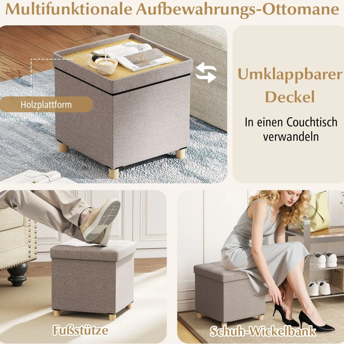 Sitzhocker mit Stauraum Fußhocker aus Leinenstoff mit gepolstertem Deckel & Gummibaumholzbeinen Aufbewahrungsbox für Wohnzimmer 45 x 45 x 45 cm Grau
