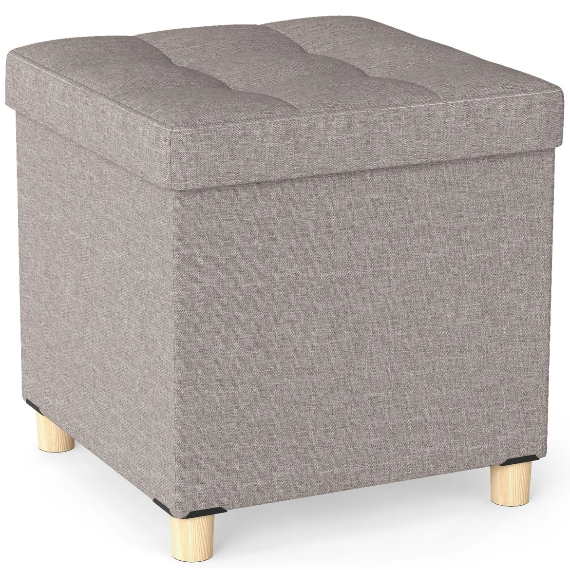 Sitzhocker mit Stauraum Fußhocker aus Leinenstoff mit gepolstertem Deckel & Gummibaumholzbeinen Aufbewahrungsbox für Wohnzimmer 45 x 45 x 45 cm Grau