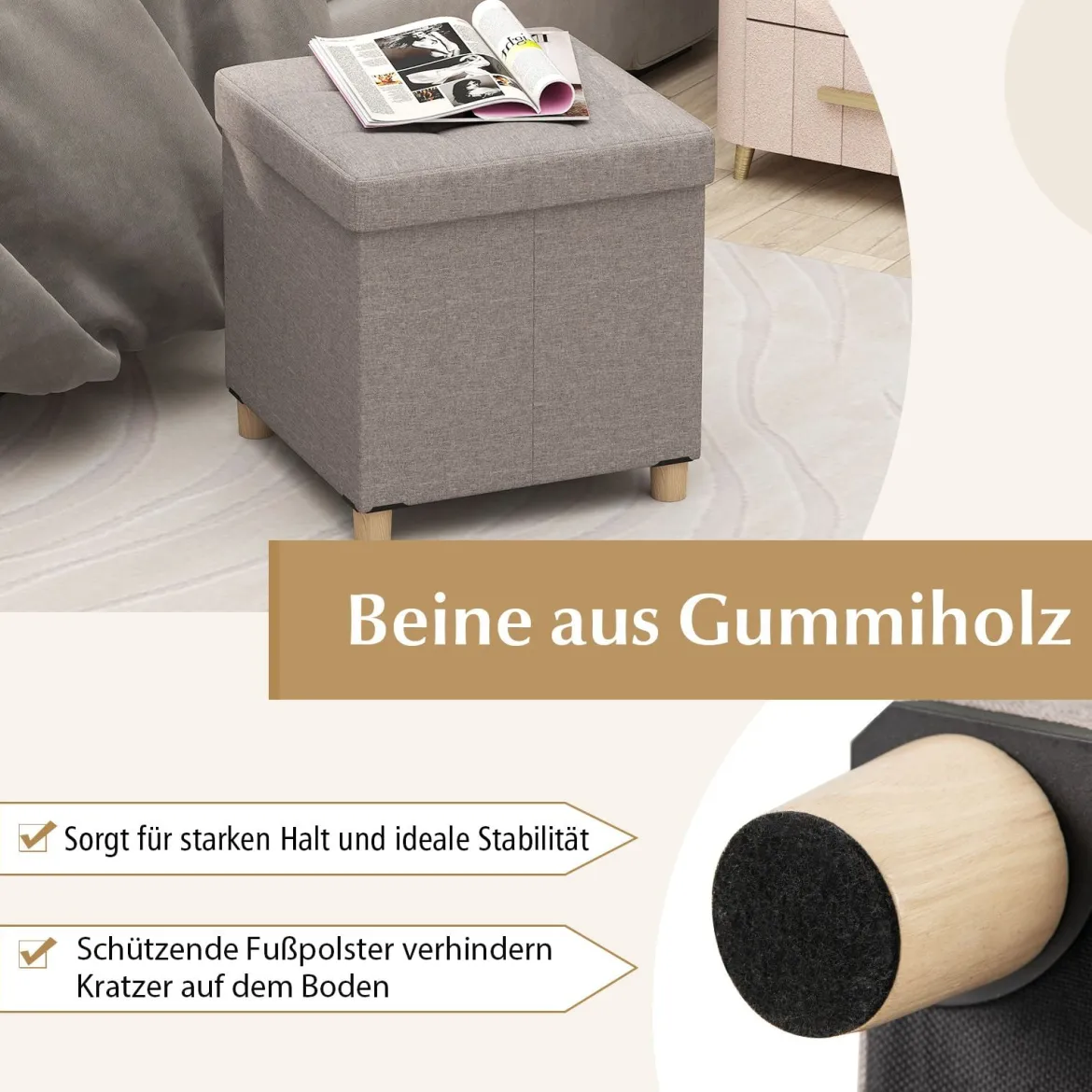 Sitzhocker mit Stauraum Fußhocker aus Leinenstoff mit gepolstertem Deckel & Gummibaumholzbeinen Aufbewahrungsbox für Wohnzimmer 45 x 45 x 45 cm Grau