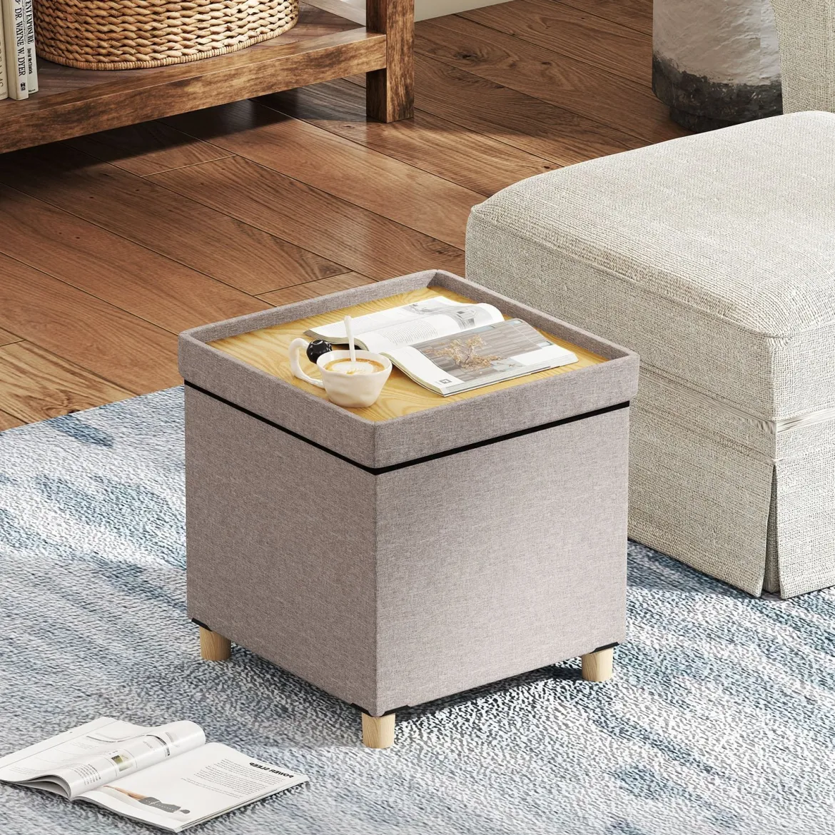 Sitzhocker mit Stauraum Fußhocker aus Leinenstoff mit gepolstertem Deckel & Gummibaumholzbeinen Aufbewahrungsbox für Wohnzimmer 45 x 45 x 45 cm Grau