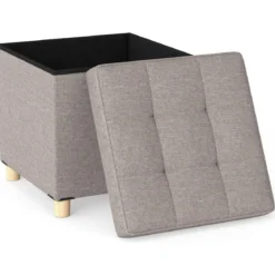 Sitzhocker mit Stauraum Fußhocker aus Leinenstoff mit gepolstertem Deckel & Gummibaumholzbeinen Aufbewahrungsbox für Wohnzimmer 45 x 45 x 45 cm Grau