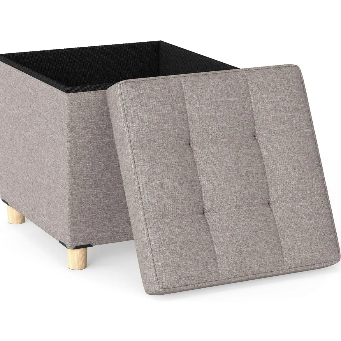 Sitzhocker mit Stauraum Fußhocker aus Leinenstoff mit gepolstertem Deckel & Gummibaumholzbeinen Aufbewahrungsbox für Wohnzimmer 45 x 45 x 45 cm Grau