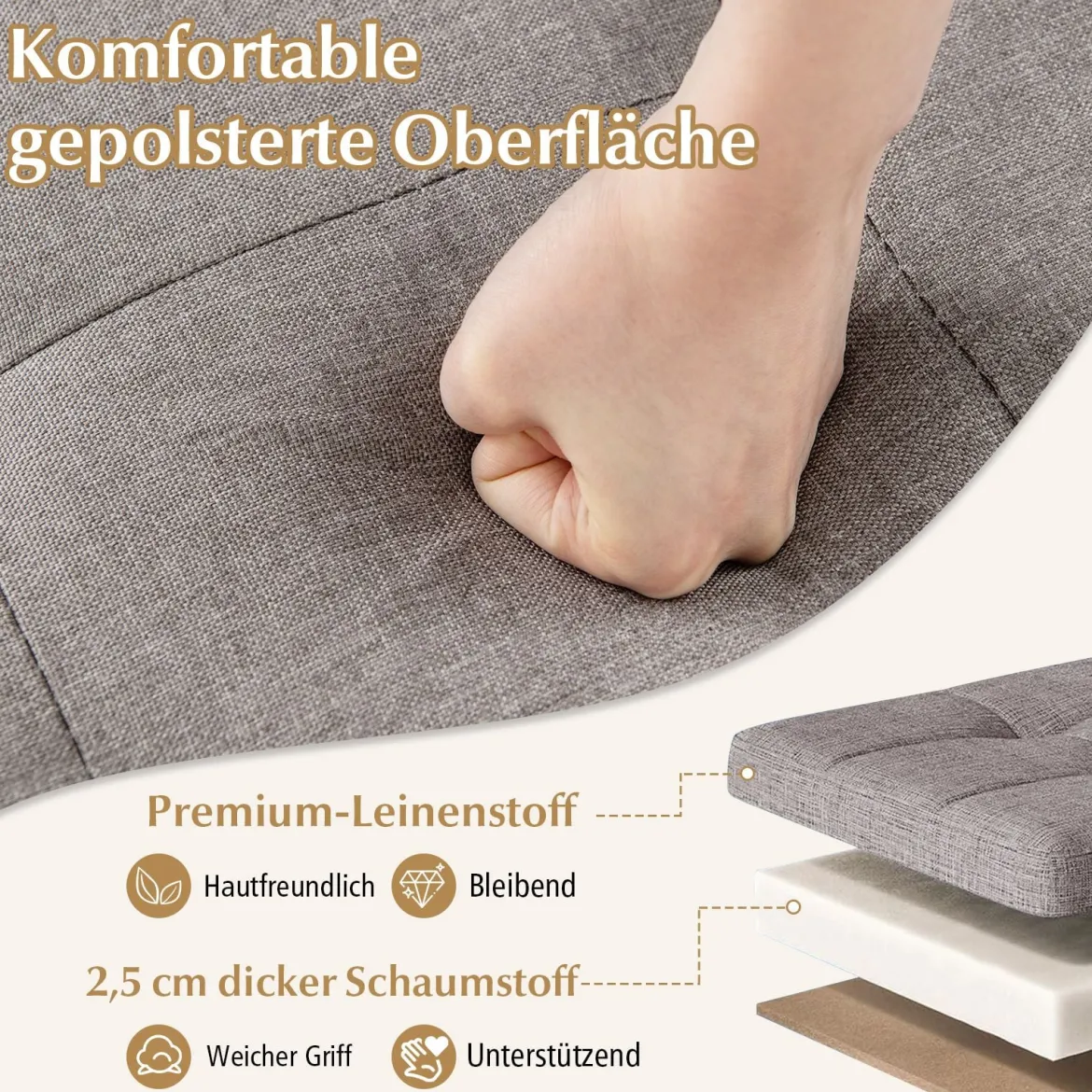 Sitzhocker mit Stauraum Fußhocker aus Leinenstoff mit gepolstertem Deckel & Gummibaumholzbeinen Aufbewahrungsbox für Wohnzimmer 45 x 45 x 45 cm Grau