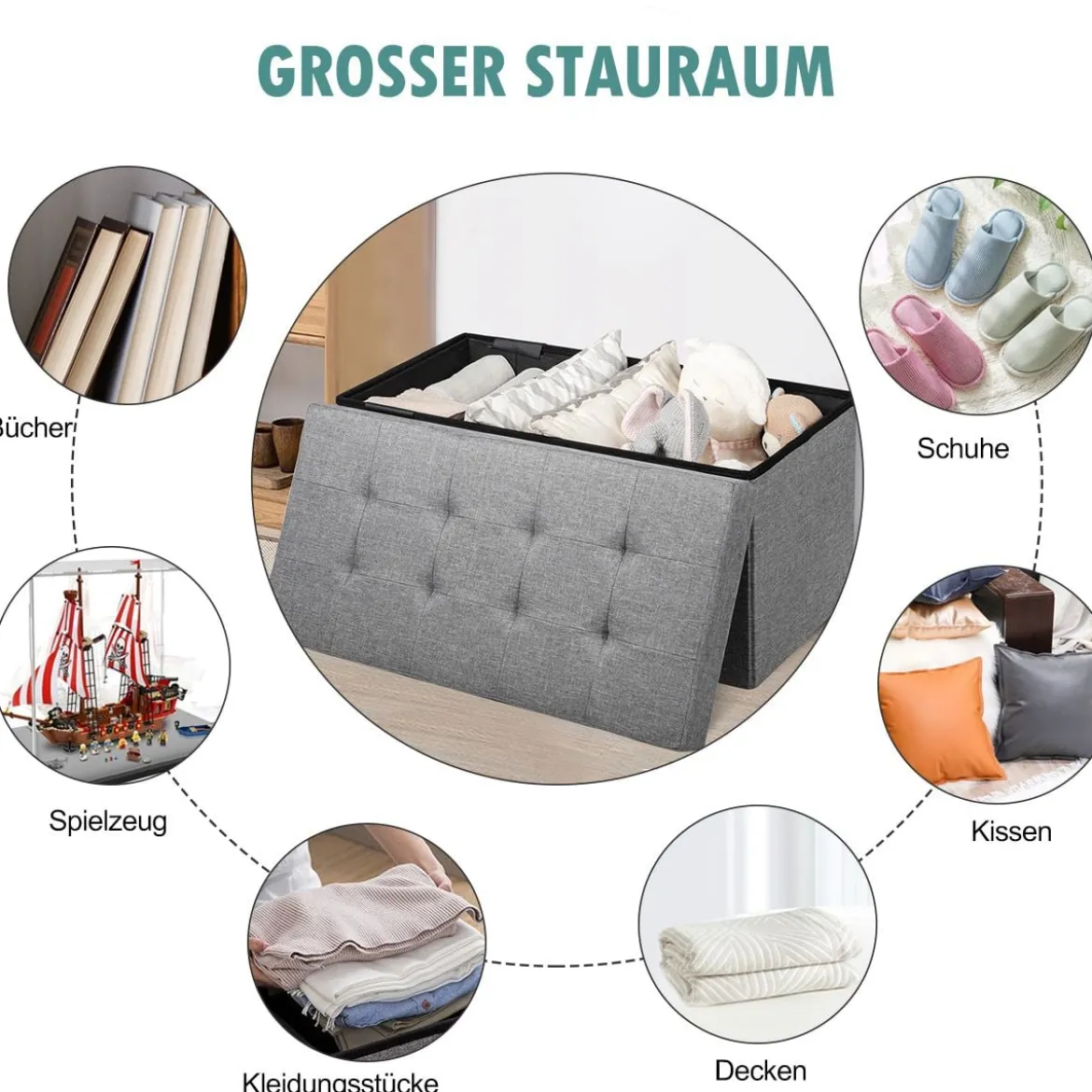Sitzhocker mit Stauraum Klappbare Sitzbank Schuhbank mit Gepolsterter Sitzfläche Sitztruhe Hellgrau