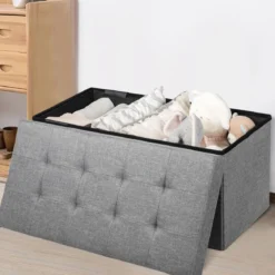 Sitzhocker mit Stauraum Klappbare Sitzbank Schuhbank mit Gepolsterter Sitzfläche Sitztruhe Hellgrau