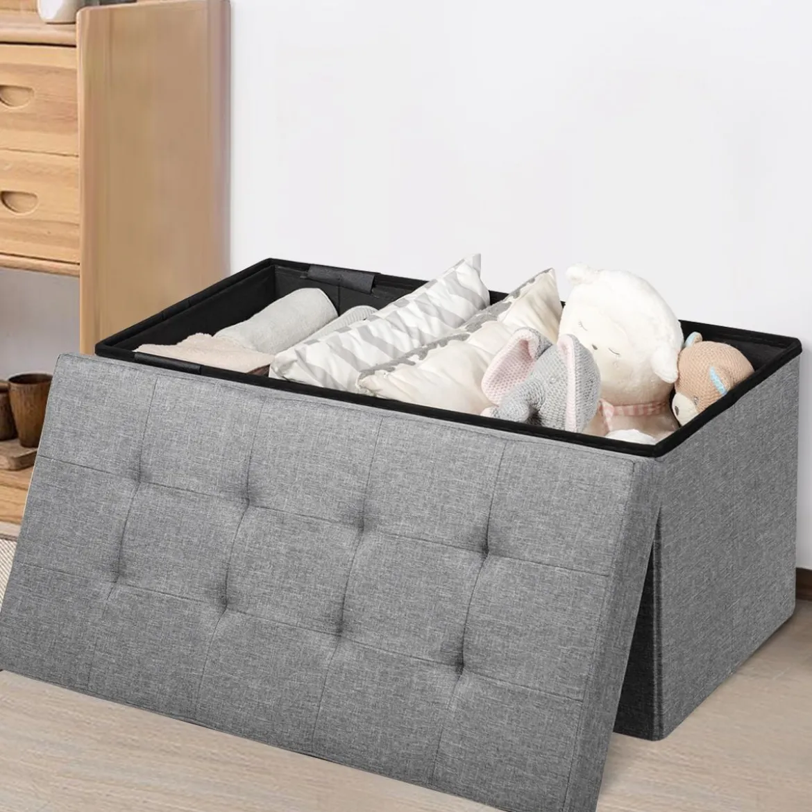 Sitzhocker mit Stauraum Klappbare Sitzbank Schuhbank mit Gepolsterter Sitzfläche Sitztruhe Hellgrau