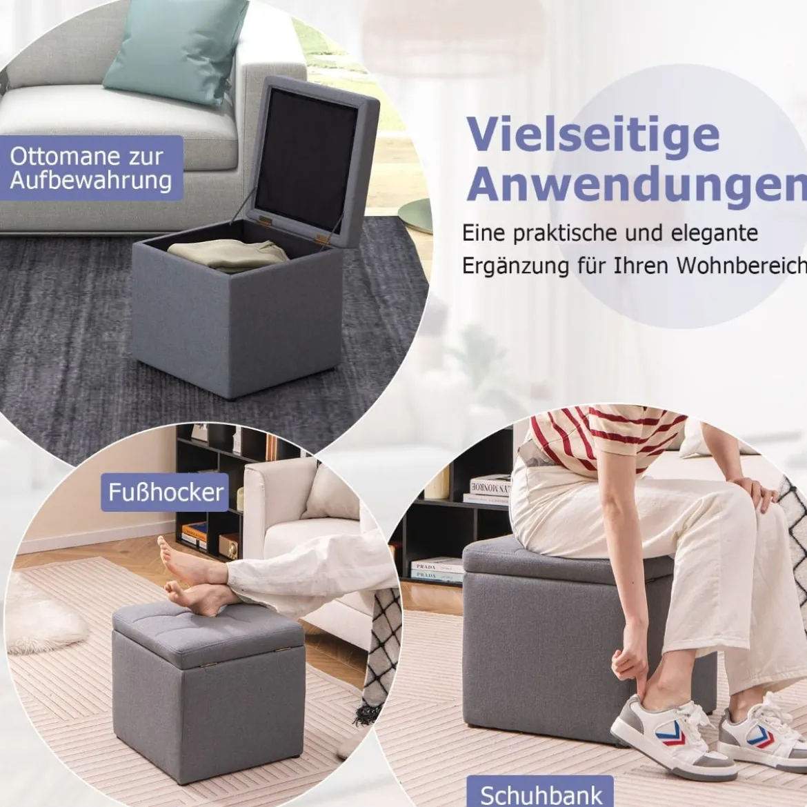 Sitzhocker mit Stauraum 40 x 40cm Fußhocker gepolstert mit Deckel Grau