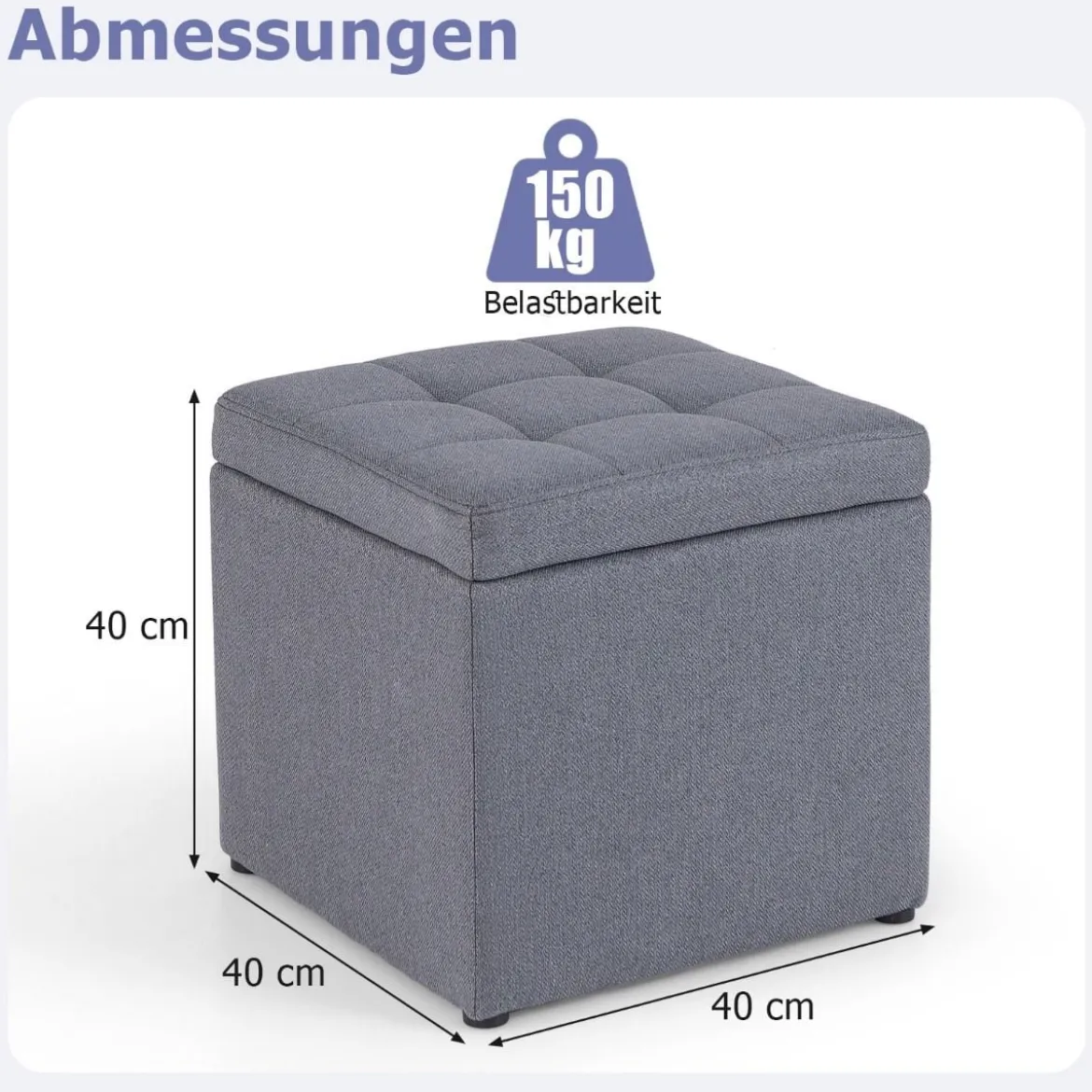 Sitzhocker mit Stauraum 40 x 40cm Fußhocker gepolstert mit Deckel Grau