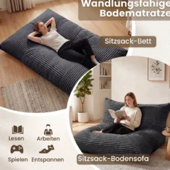 Sitzsack aus Cordstoff Riesiger Bean Bag mit Abnehmbarem Bezug 194 x 139 x 19 cm Dunkelgrau