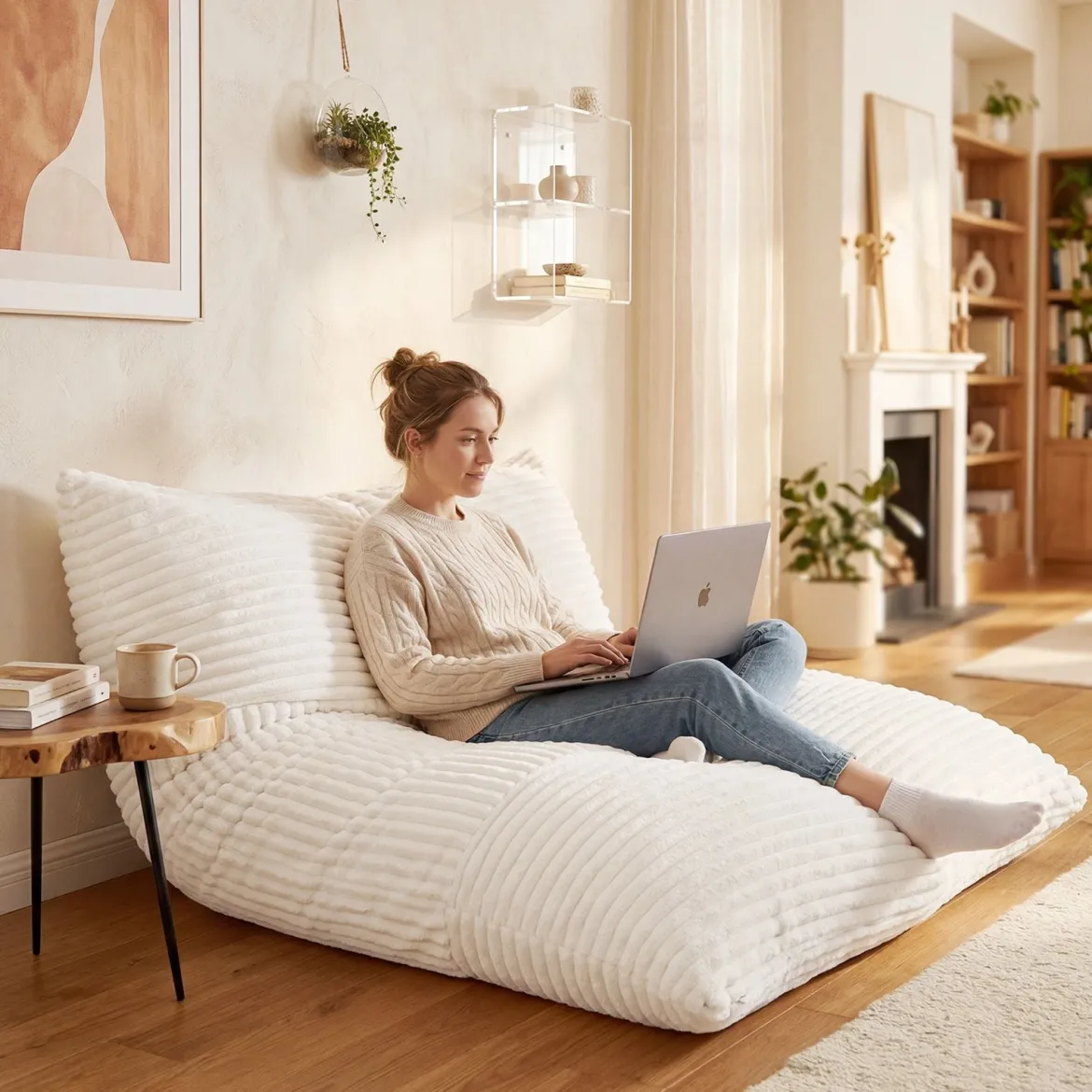 Sitzsack aus Cordstoff Riesiger Bean Bag mit Abnehmbarem Bezug 194 x 139 x 19 cm Beige