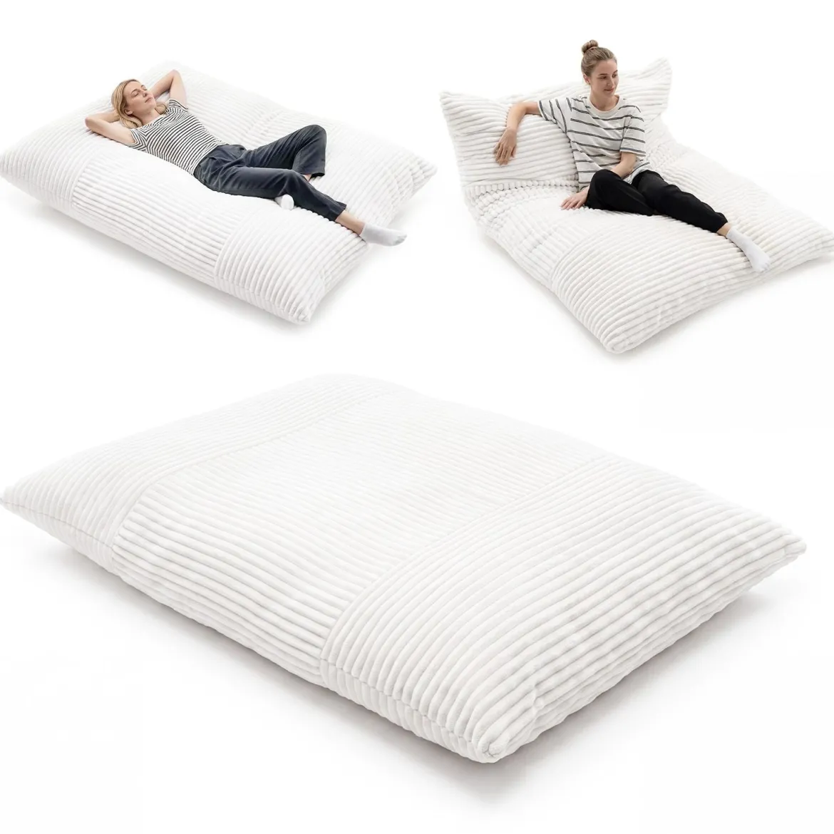 Sitzsack aus Cordstoff Riesiger Bean Bag mit Abnehmbarem Bezug 194 x 139 x 19 cm Beige