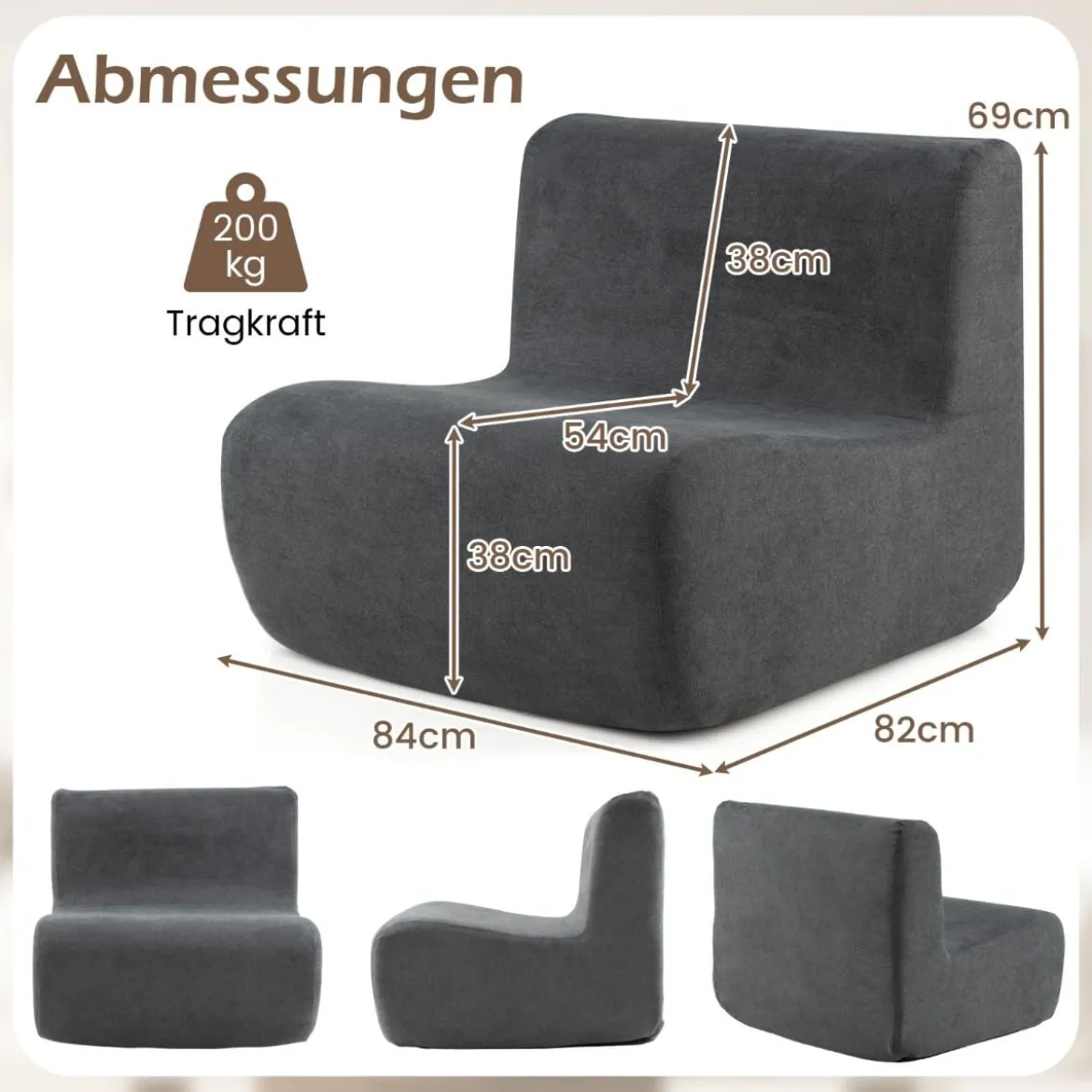 Sitzsack bequemer Bodensofa Stuhl mit weichem Samt & ergonomischer Unterstützung komfortabler Einzel-Lesesessel Grau