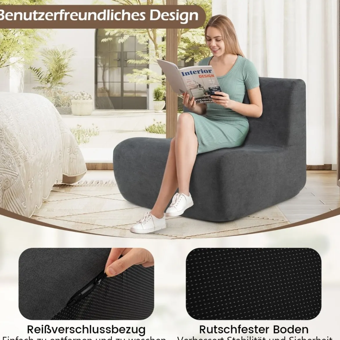 Sitzsack bequemer Bodensofa Stuhl mit weichem Samt & ergonomischer Unterstützung komfortabler Einzel-Lesesessel Grau