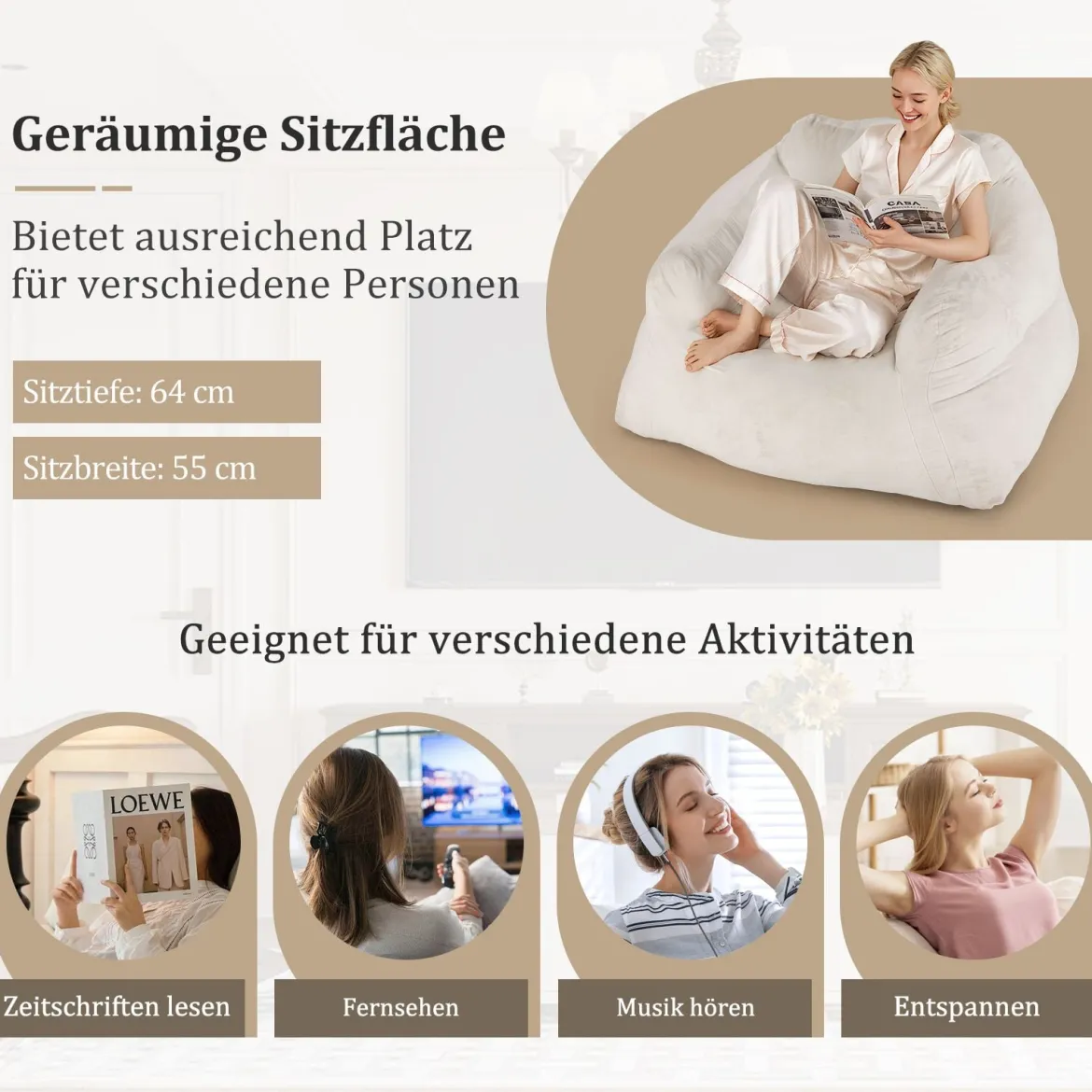 Sitzsack Sessel Bodensessel mit Samtbezug & rutschfestem Boden gepolstertes Bodensofa für Wohnzimmer 124 x 110 x 68 cm Beige