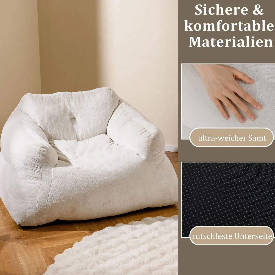 Sitzsack Sessel Bodensessel mit Samtbezug & rutschfestem Boden gepolstertes Bodensofa für Wohnzimmer 124 x 110 x 68 cm Beige