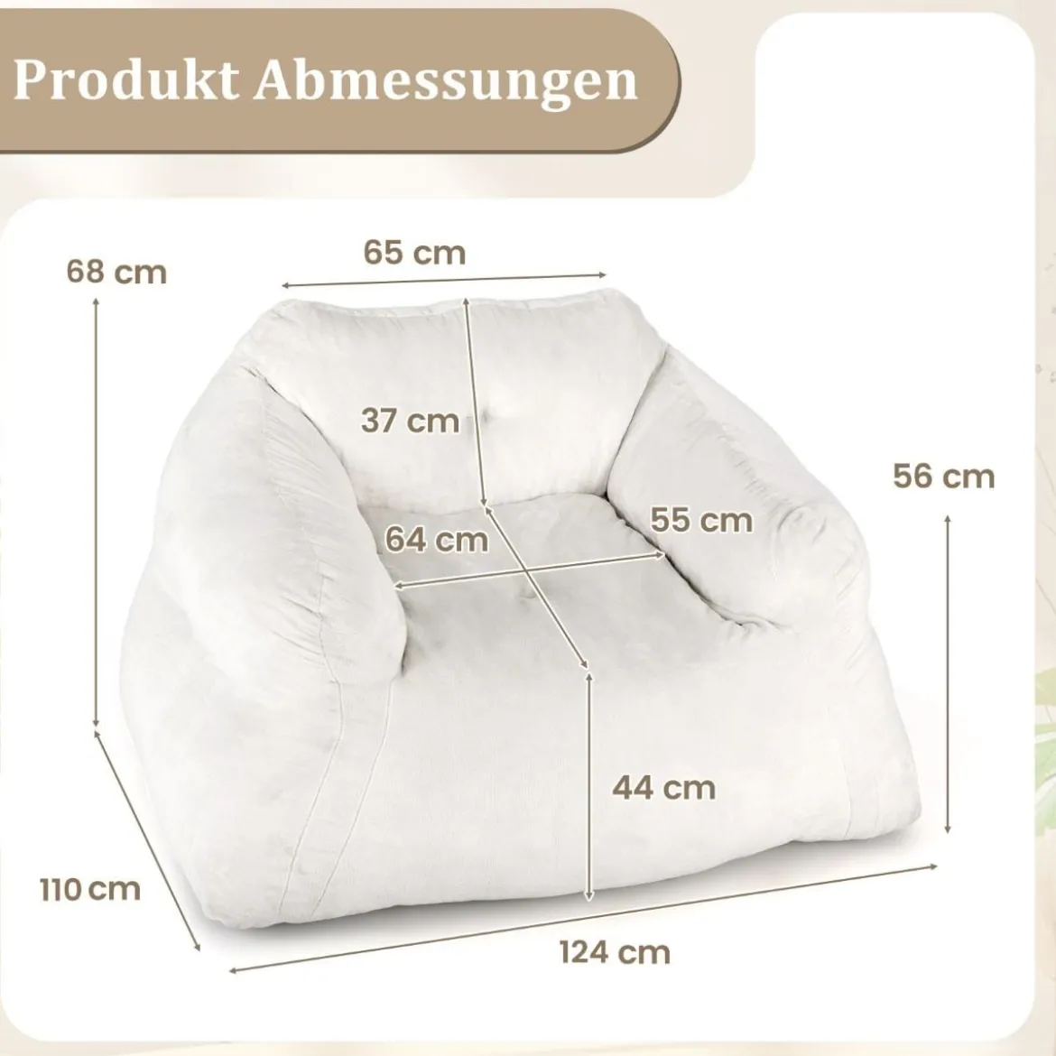 Sitzsack Sessel Bodensessel mit Samtbezug & rutschfestem Boden gepolstertes Bodensofa für Wohnzimmer 124 x 110 x 68 cm Beige