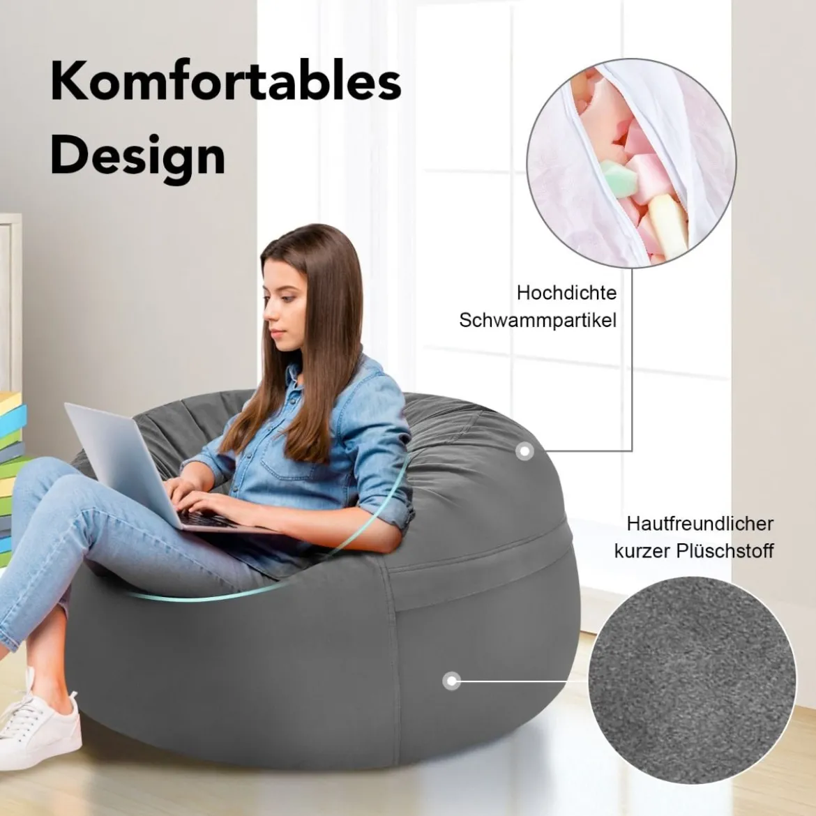 Sitzsack Sitzbag mit weicher Füllung Bean Bag sitzkissen Bodenkissen Bodenstuhl Ø 92 x 62 cm Grau