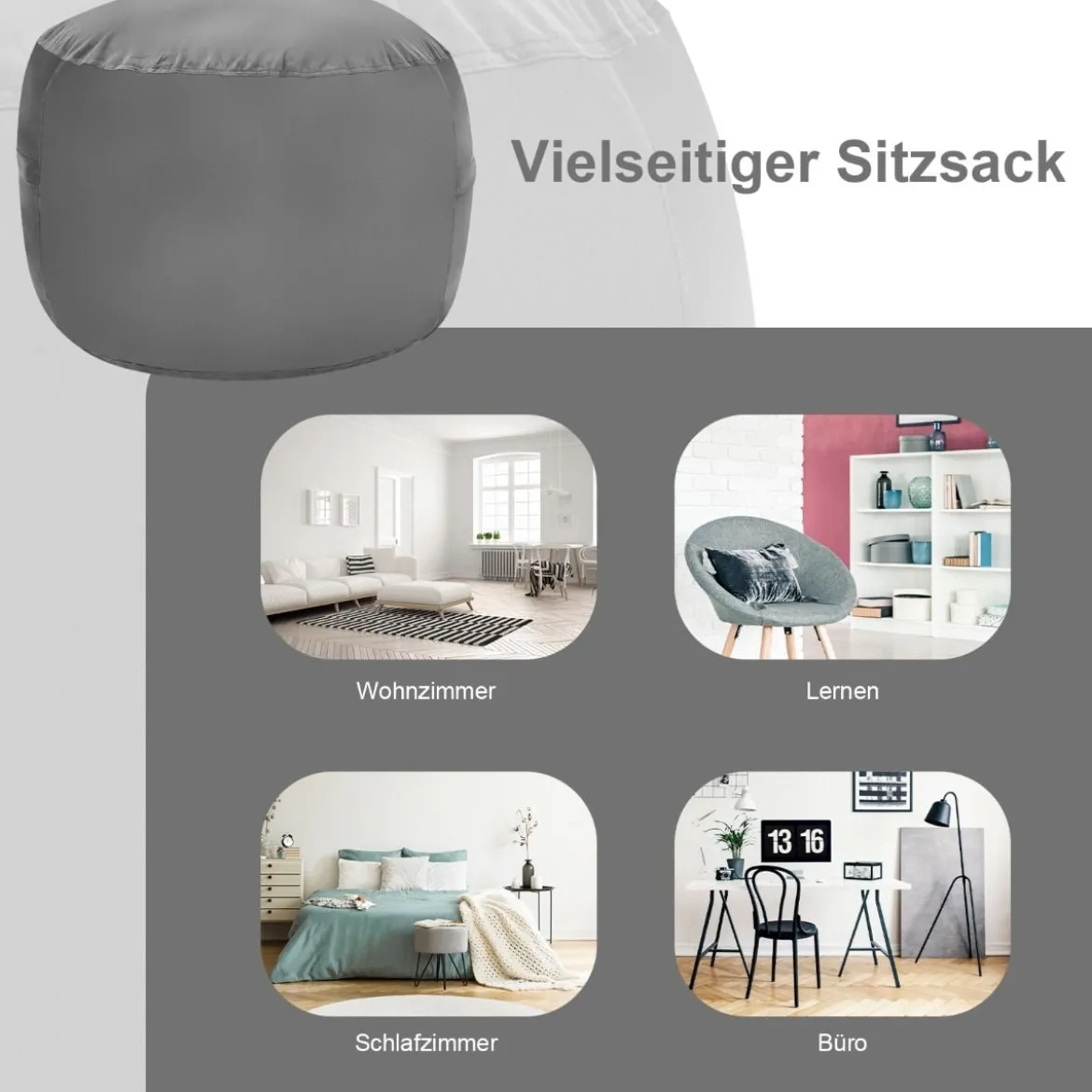 Sitzsack Sitzbag mit weicher Füllung Bean Bag sitzkissen Bodenkissen Bodenstuhl Ø 92 x 62 cm Grau