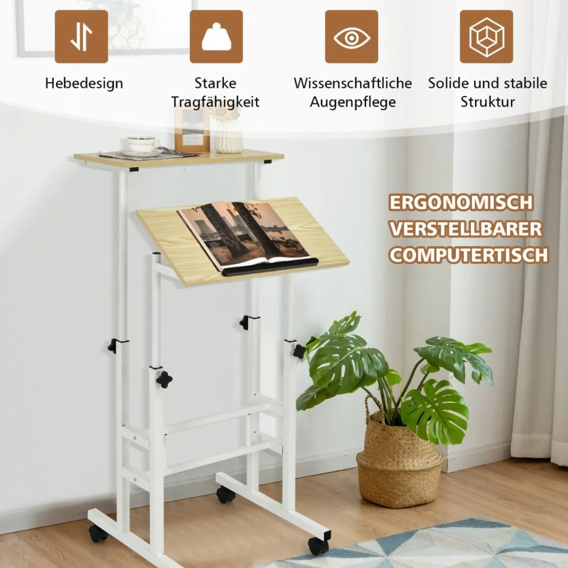 Sitz-Steh-Schreibtisch Stehschreibtisch höhenverstellbar rollender Schreibtisch Weiß + Natur