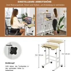 Sitz-Steh-Schreibtisch Stehschreibtisch höhenverstellbar rollender Schreibtisch Weiß + Natur