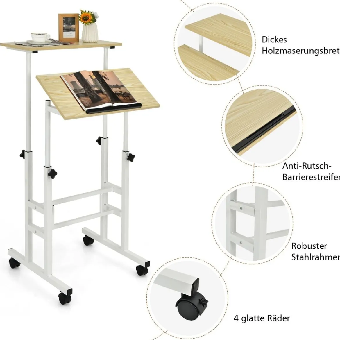 Sitz-Steh-Schreibtisch Stehschreibtisch höhenverstellbar rollender Schreibtisch Weiß + Natur
