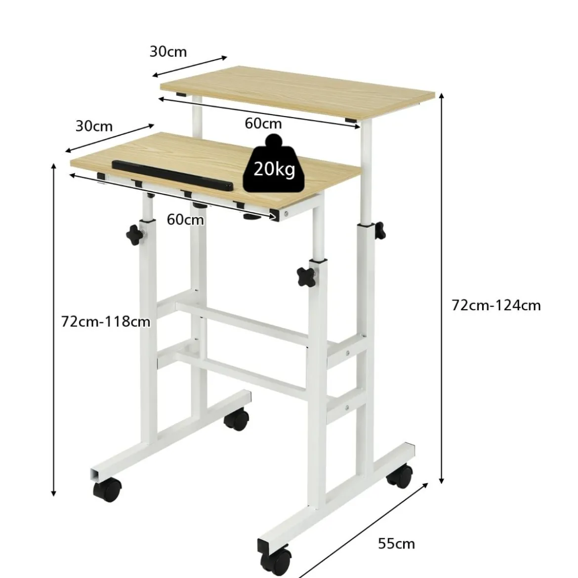 Sitz-Steh-Schreibtisch Stehschreibtisch höhenverstellbar rollender Schreibtisch Weiß + Natur