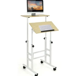 Sitz-Steh-Schreibtisch Stehschreibtisch höhenverstellbar rollender Schreibtisch Weiß + Natur