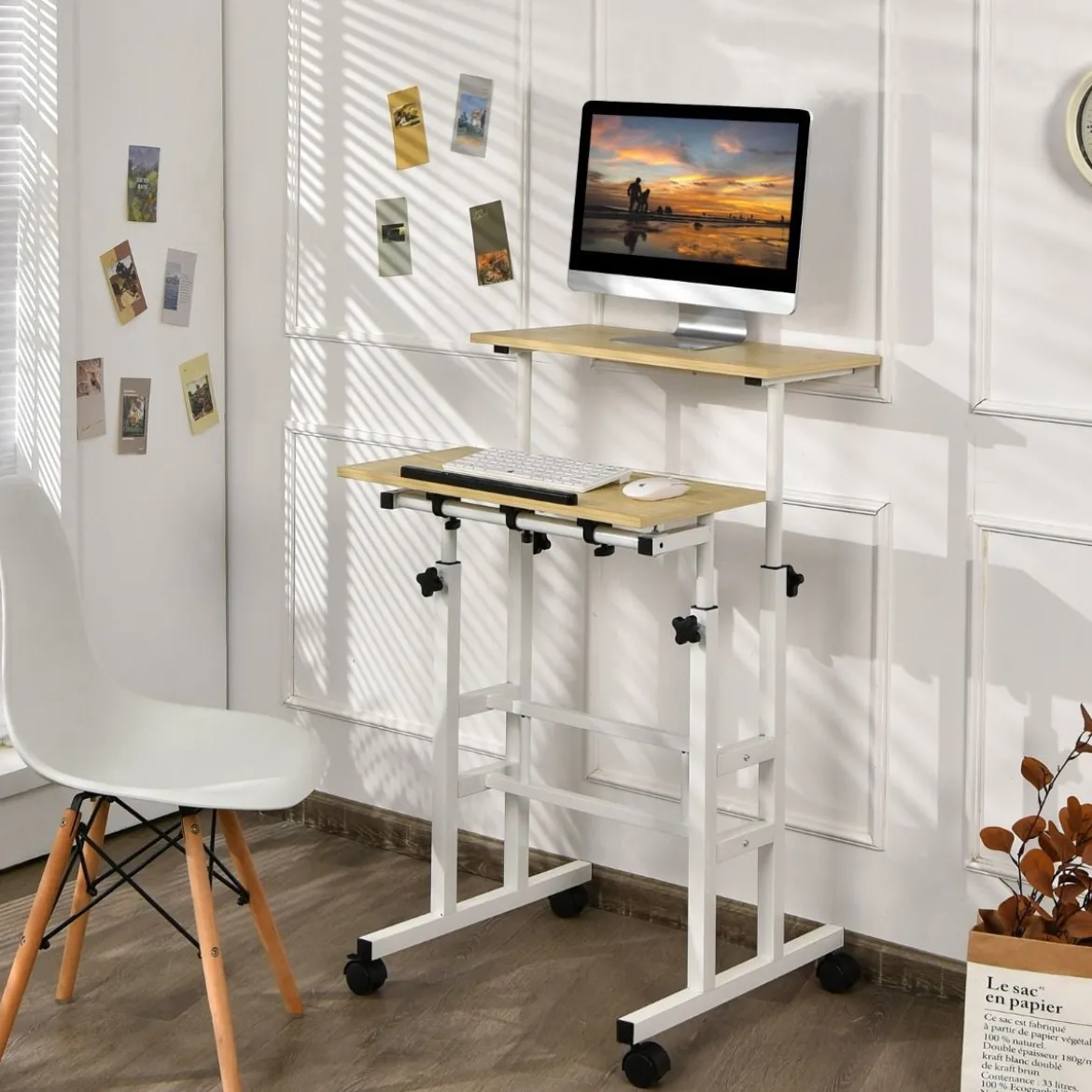 Sitz-Steh-Schreibtisch Stehschreibtisch höhenverstellbar rollender Schreibtisch Weiß + Natur