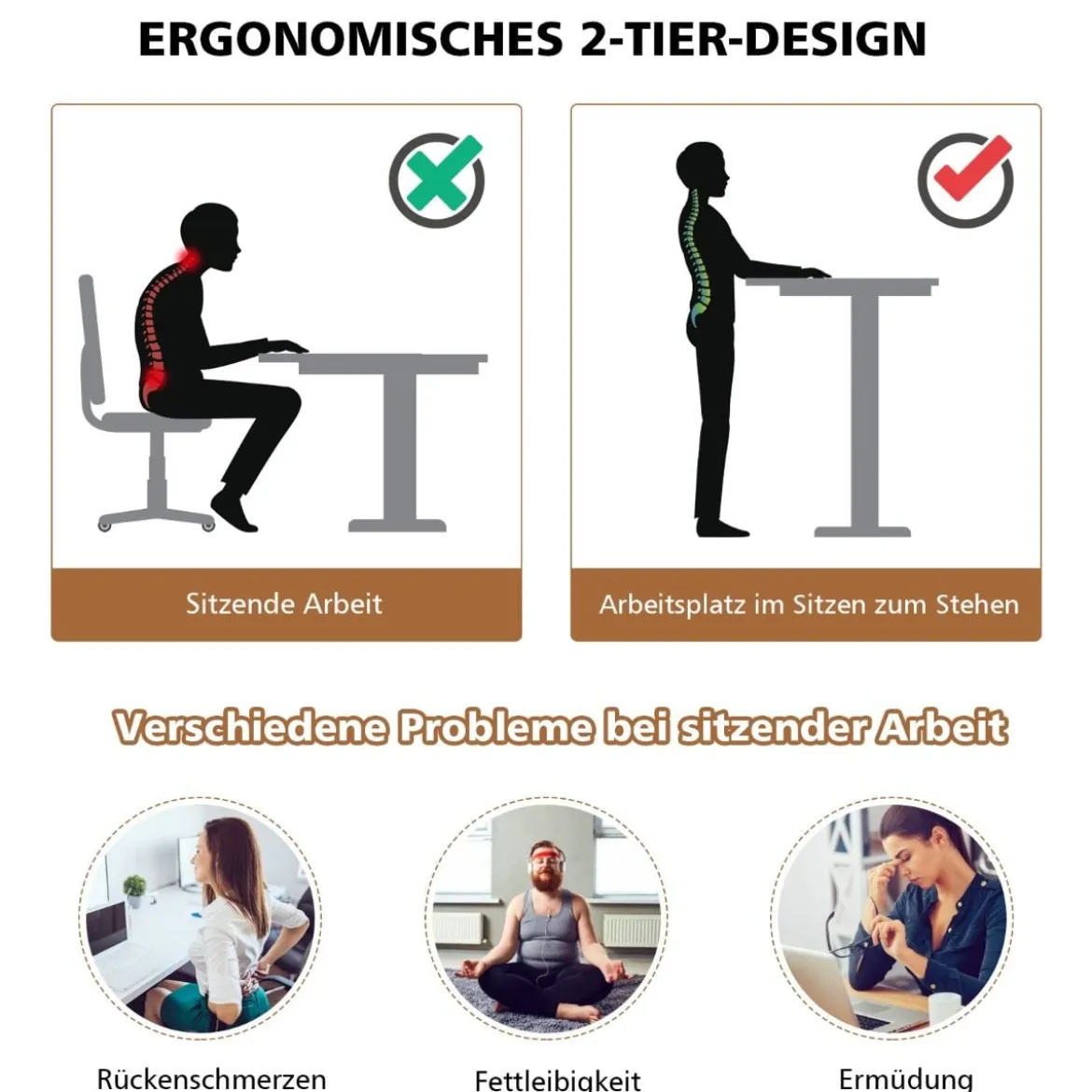 Sitz-Steh-Schreibtisch Stehschreibtisch höhenverstellbar rollender Schreibtisch Weiß + Natur