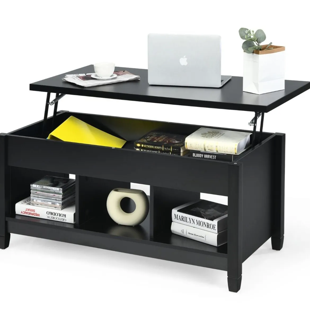 Sofatisch mit Hebeplatte Stauraum & 3 Offene Regale Höhenverstellbar 104,5 x 49 x 48-62,5 cm