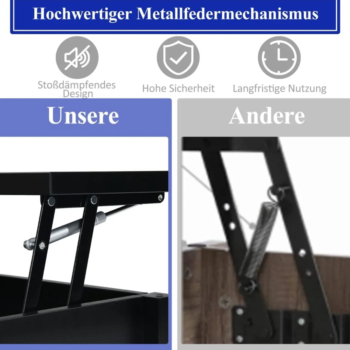 Sofatisch mit Hebeplatte Stauraum & 3 Offene Regale Höhenverstellbar 104,5 x 49 x 48-62,5 cm